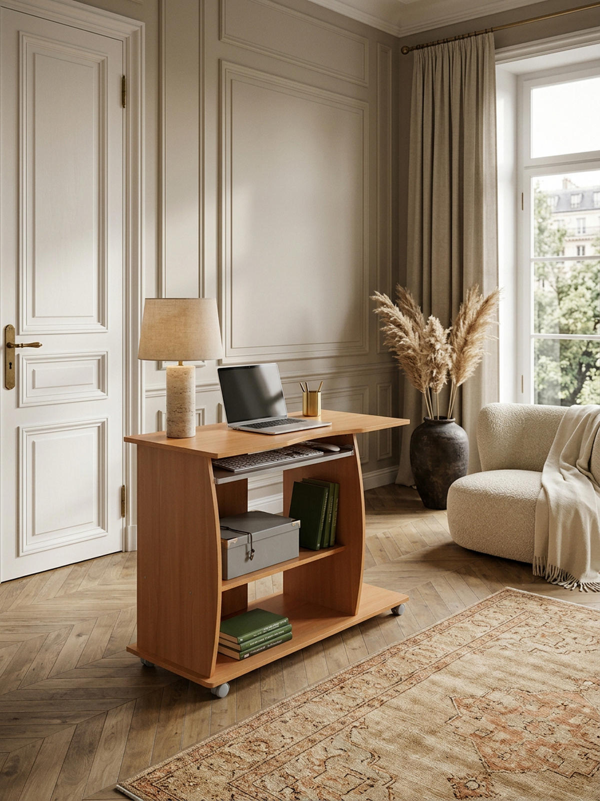 SCHREIBTISCH Computertisch Rollen 3D-Ecken, Beige 90x50x71 cm - Beige/Weiß, Holz (50/90/71cm) - KADIMA DESIGN