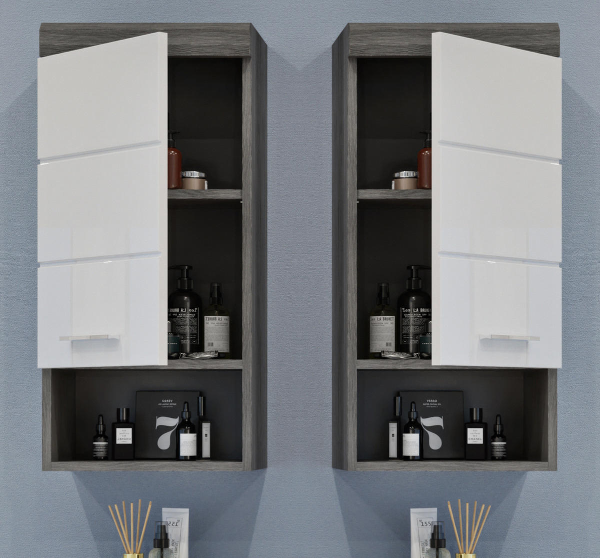 HÄNGESCHRANK weiß Hochglanz, grau 37x79 cm, 3 Fächer - Weiß Hochglanz/Silberfarben, Holzwerkstoff/Kunststoff (37/79/24cm) - Inn.Furn