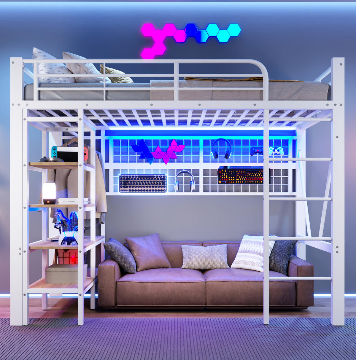 HOCHBETT 90/200 cm Weiß mit Schreibtisch, Stauraumleiter und LED-Beleuchtung - Weiß, Metall (90/200cm) - Flora Grace