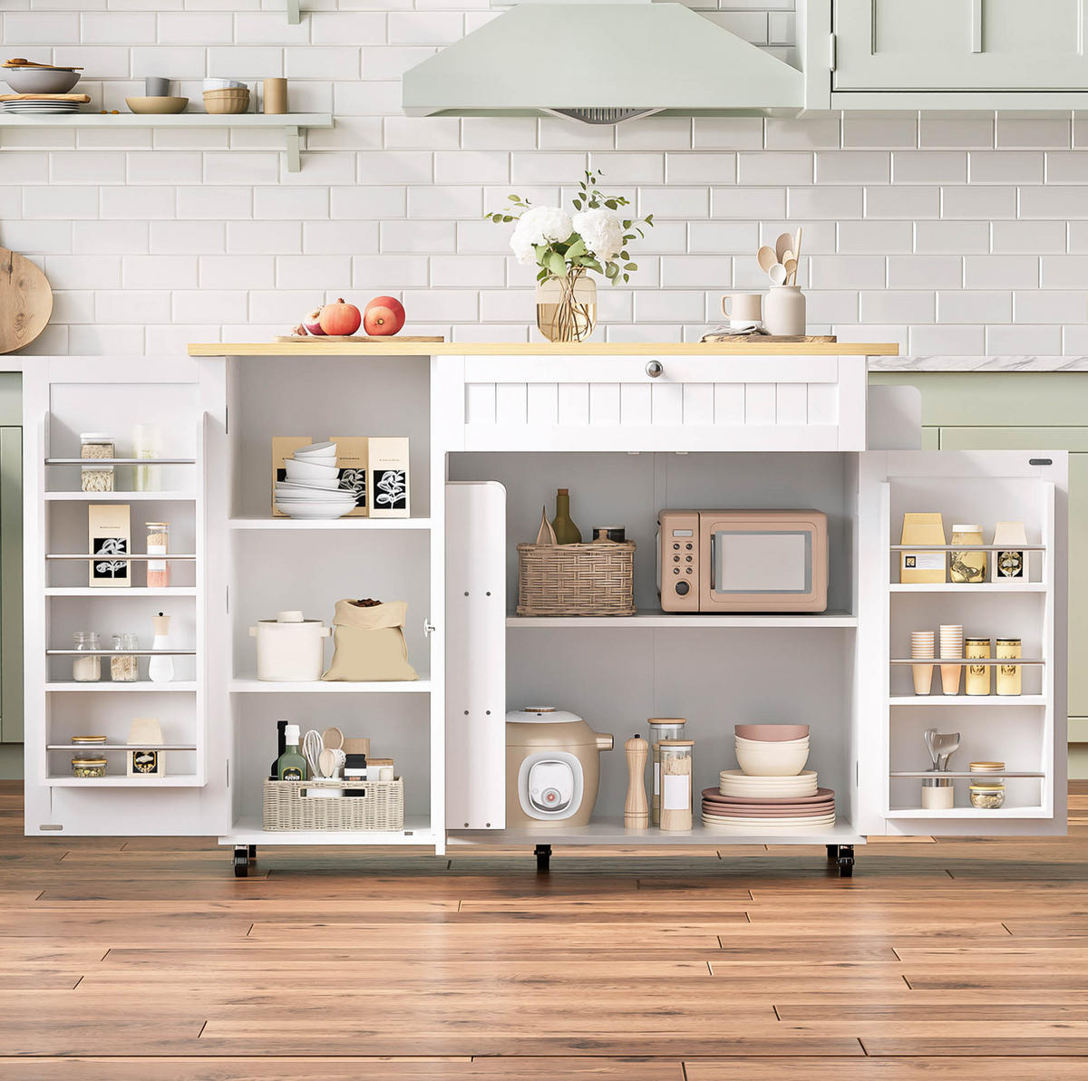KÜCHENWAGEN mit Klappplatte, Schublade und Stauraum 120 x 70/45 x 92 cm Natural White - Naturfarben, Holz (70/92/120cm) - Beauniv