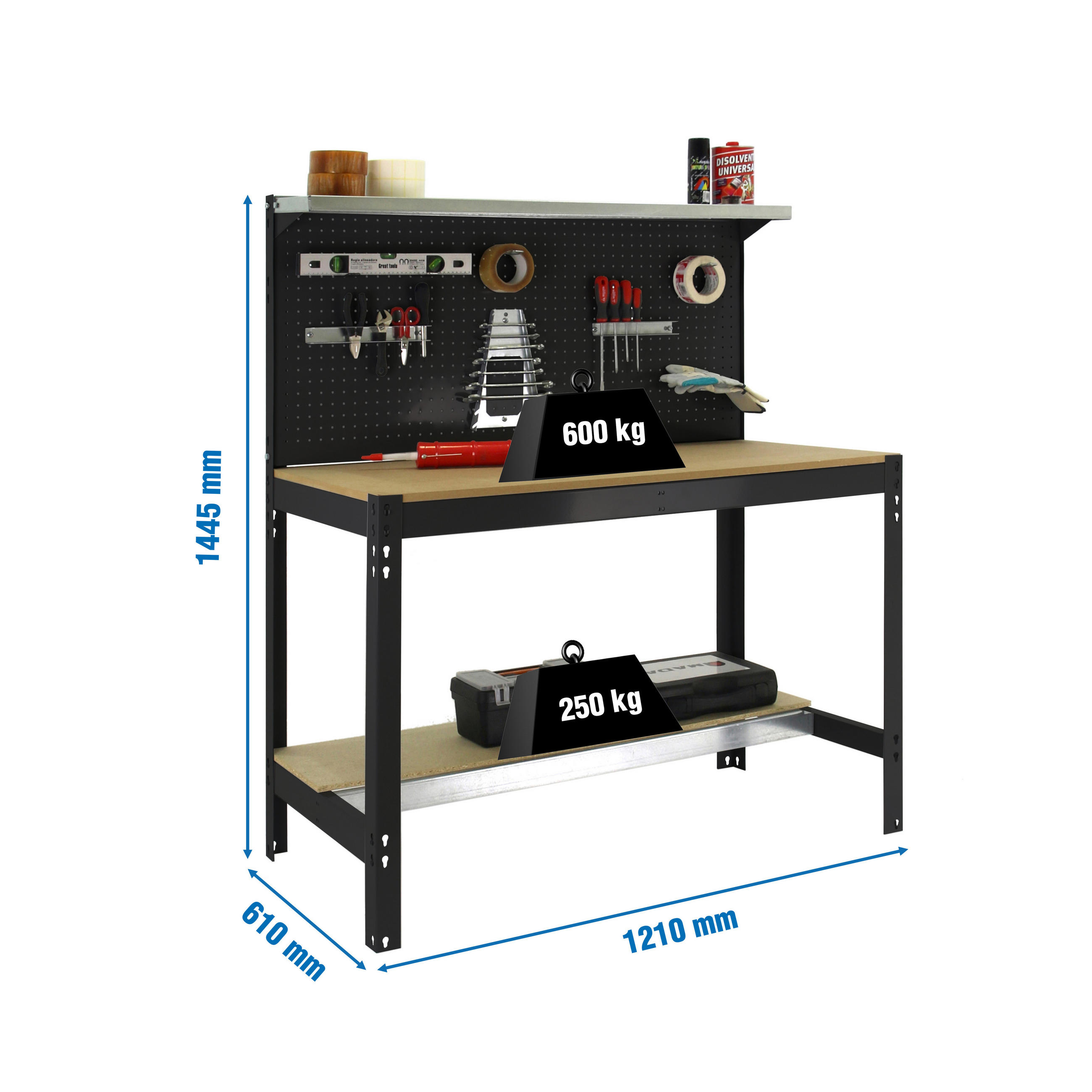 WERKBANK BUFFALO mit Werkzeugwand und Ablage | HxBxT 84x120x61cm | Traglast 600kg | Anthrazit - Anthrazit, Metall (120/84/61cm) - PROREGAL