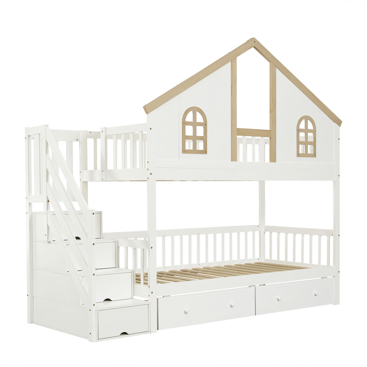 ETAGENBETT 90/200 cm Hausbett mit Stauraumtreppe, DE-41749, in Weiß - Weiß, Holzwerkstoff (90/200cm) - ComfortXL