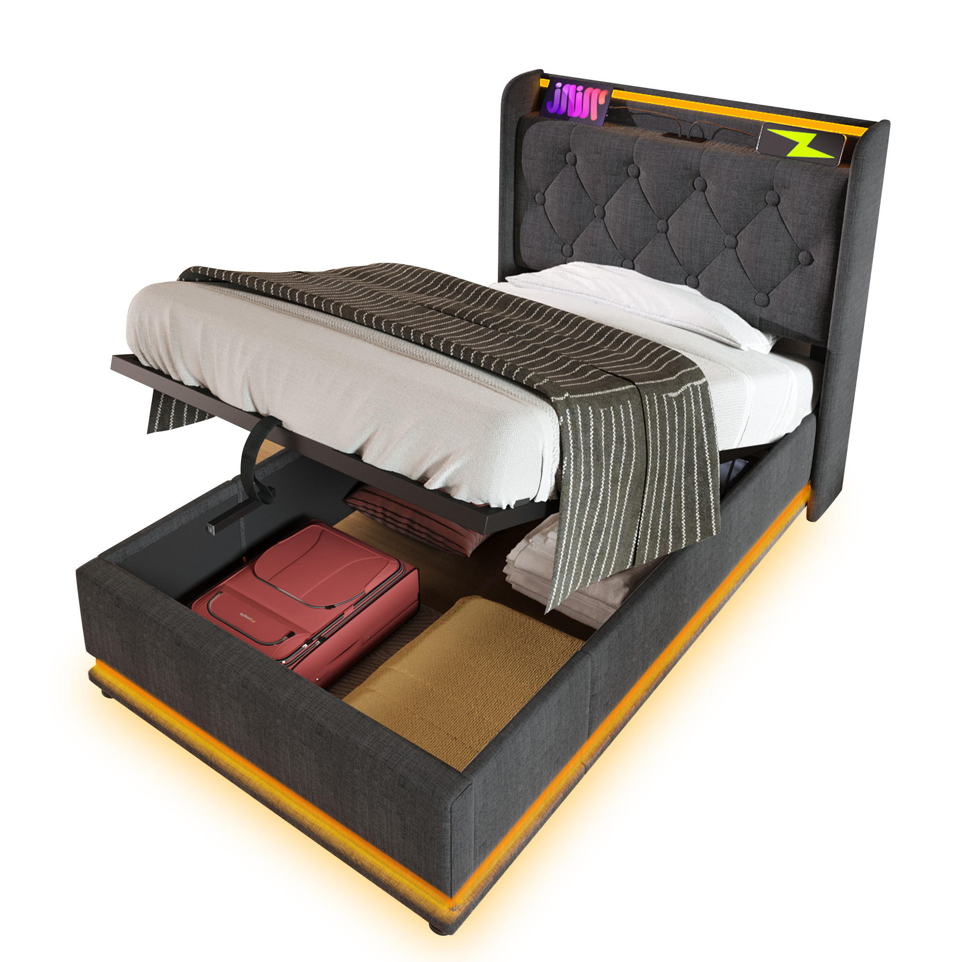 POLSTERBETT 90/200 cm Grau aus Leinen mit LED und Bettkasten - Grau, Textil (90/200cm) - OKMYHOME