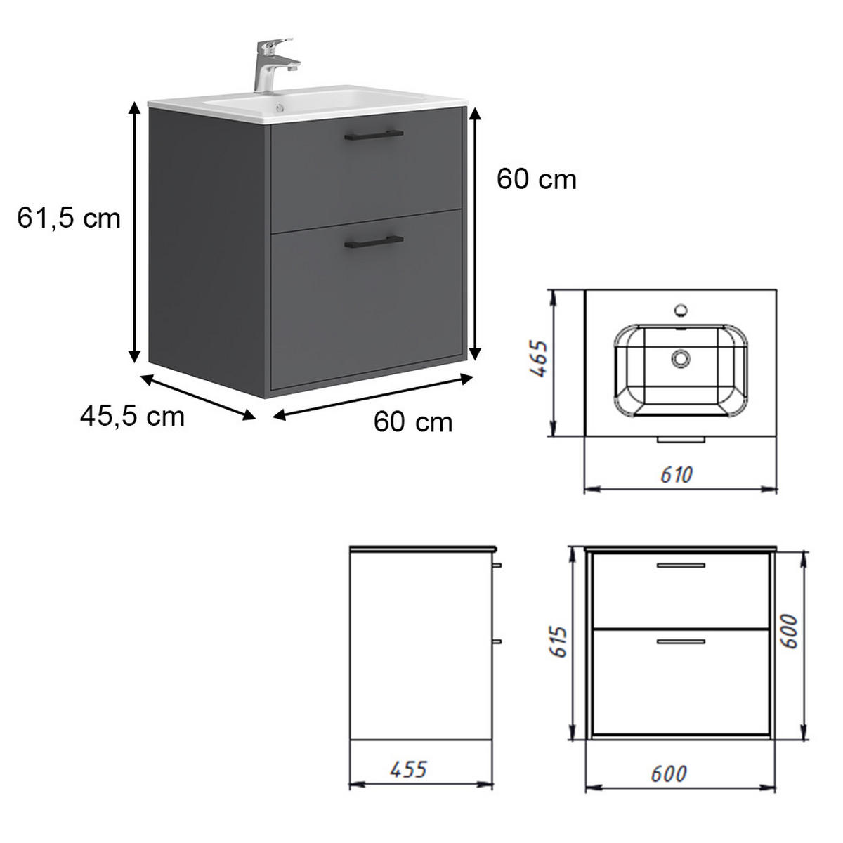 WASCHBECKENUNTERSCHRANK Lanco Anthrazit 61 x 61.5 cm mit Waschbecken - Anthrazit, Holzwerkstoff (61/61.5/46.5cm) - Vicco
