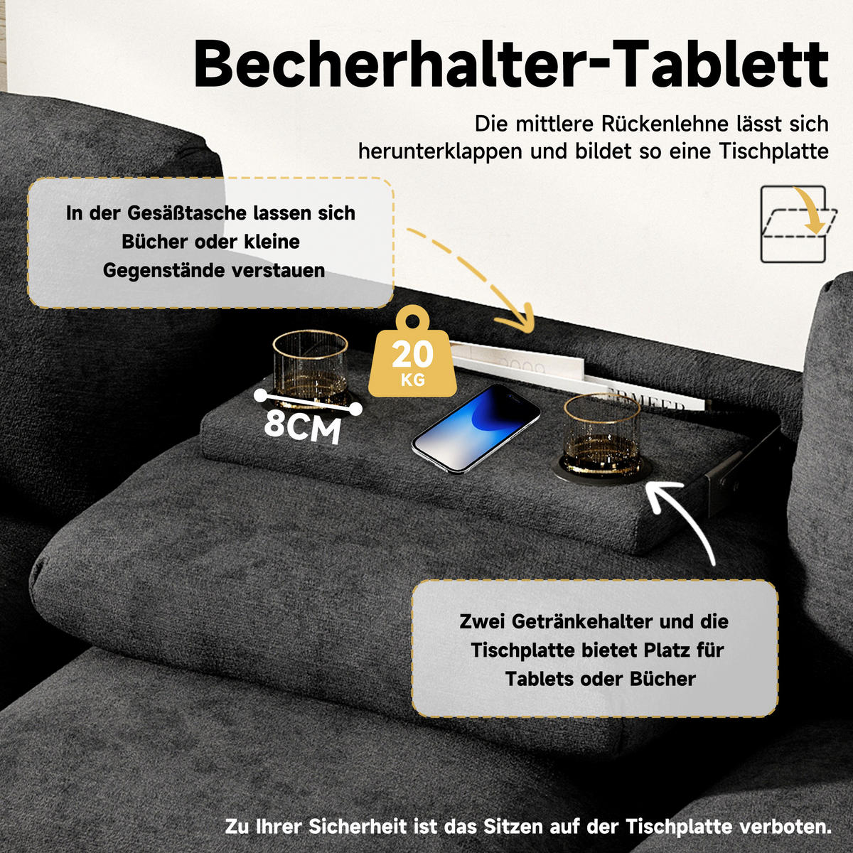 3-SITZER Sofa Chenille mit Klapptisch USB-Anschluss und Stauraum 242/80/88 cm Grau - Grau, Kunststoff/Textil (80/88/242cm) - Redom