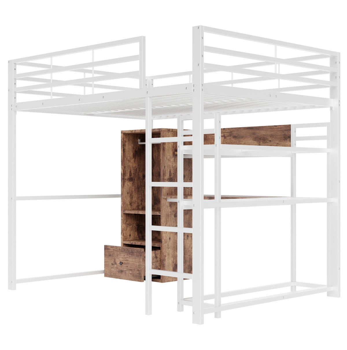 HOCHBETT mit Schreibtisch 140/200 cm in Weiß – mit Stauraum und LED - Weiß, Holzwerkstoff (140/200cm) - BEAOK