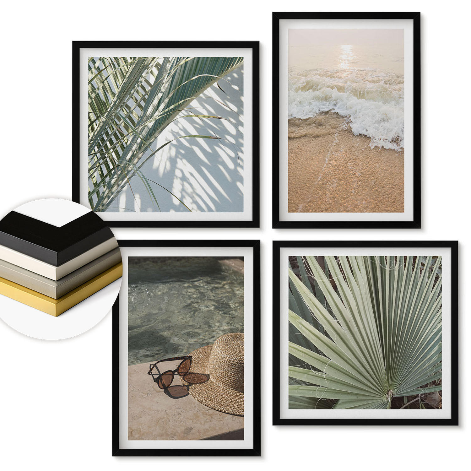 WANDBILDER 4er-Set - 50x50 cm & 40x60 cm Schwarzer Rahmen - Strandhut und Sonnenbrille - Schwarz, Kunststoff (50/50cm) - ArtPrintCave