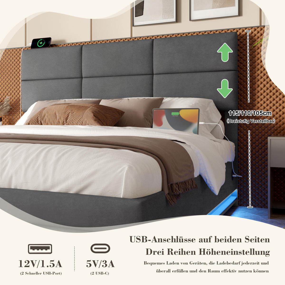 POLSTERBETT 160/200 cm aus Samt mit LED-Beleuchtung und Stauraum Dunkelgrau - Dunkelgrau, Textil (160/200cm) - Modenvie