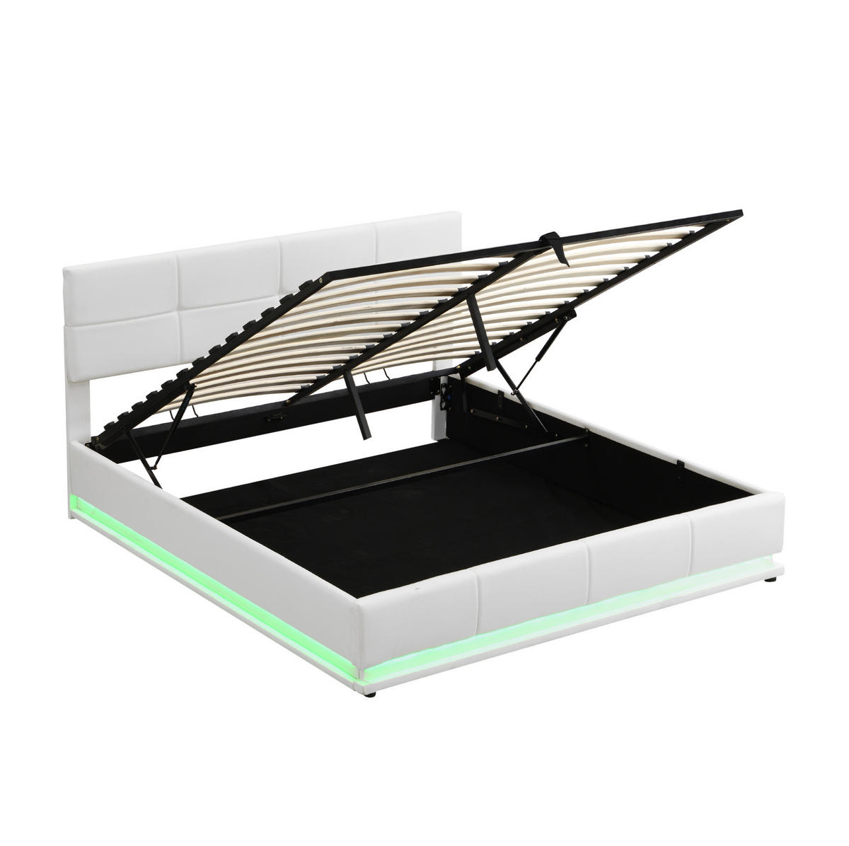 POLSTERBETT 180/200 cm weiß LED-Beleuchtung mit hydraulisch anhebarem Bettkasten - Weiß, Textil (180/200cm) - OKWISH