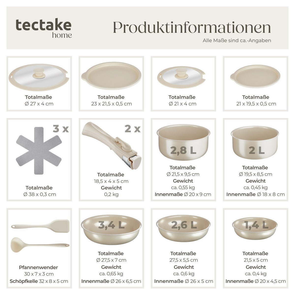 KOCHTOPFSET Genua, 2 Küchenwerkzeuge und 3 Topfschoner aus Filz, weiß - Weiß, Metall - tectake