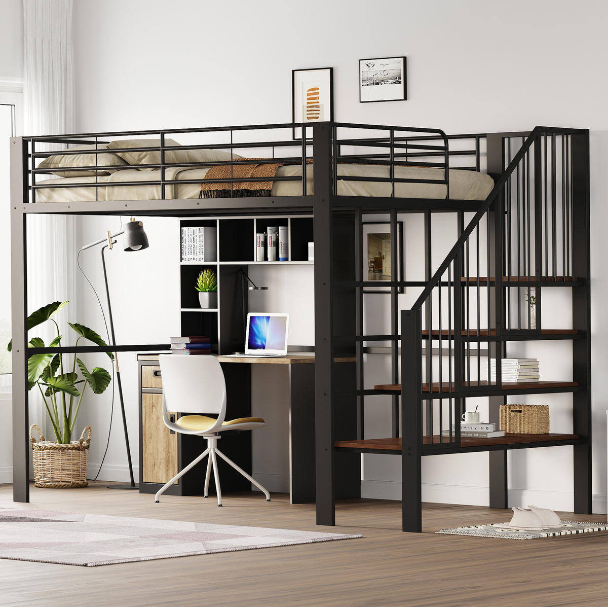 HOCHBETT 140/200 cm mit Treppe und Stauraum, stabile Metall- Holzwerkstoff-Konstruktion, Schwarz - Schwarz, Metall (140/200cm) - Redom