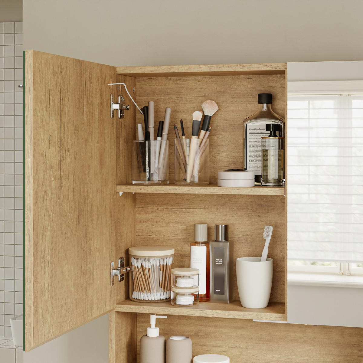 SPIEGELSCHRANK mit LED-Beleuchtung und Touch-Sensor BZR238-E-N - Ahornfarben/Weiß, Kunststoff/Fell (17/70/60cm) - SoBuy