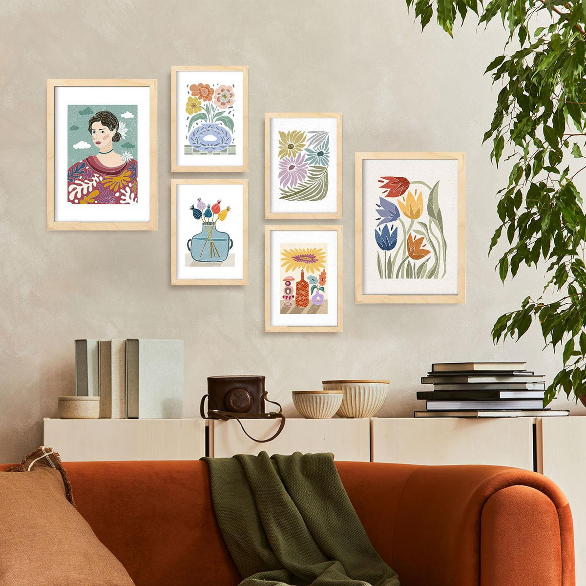 POSTER Set Mit 6 Drucken Garten In Ethnischendruckkollektionen Dekorative Rahmen Für Ihr Zuhause Wandkunstdruck A3 & A4 Rahmen Aus Hellem Holz - Beige, Papier (29/3cm) - Nacnic