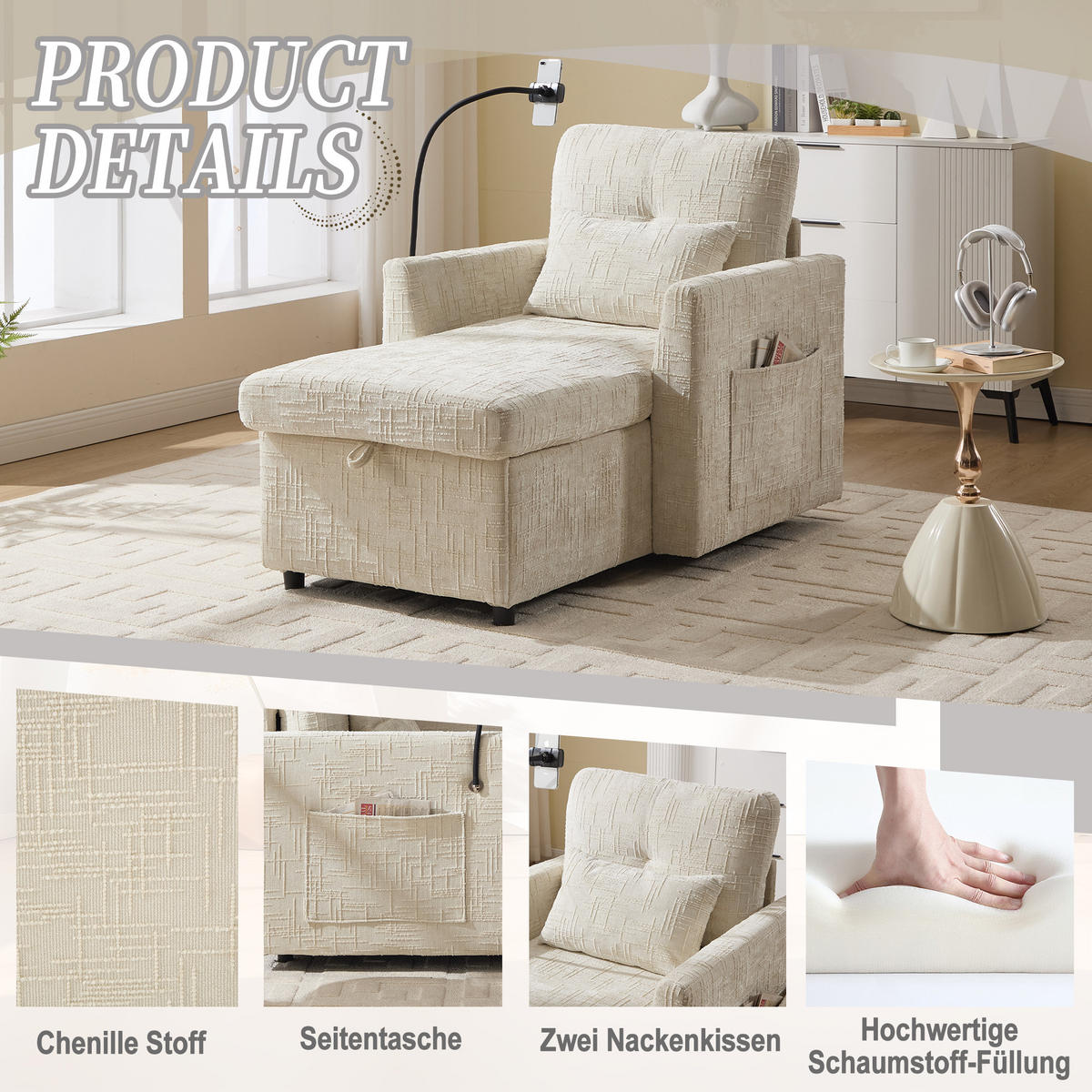 LIEGESESSEL Chenille mit Handyständer und Stauraum 125/84,5/87 cm Beige - Beige, Textil (84.5/87/125cm) - Redom