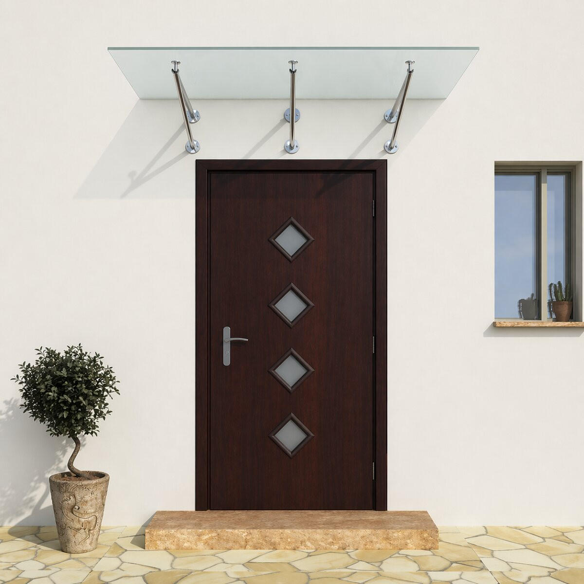 GLASVORDACH 200x90 cm Sicherheitsglas Edelstahl Satiniert V-Silber - Weiß, Glas (200/1.31/90cm) -  Glaswerk Westfalen
