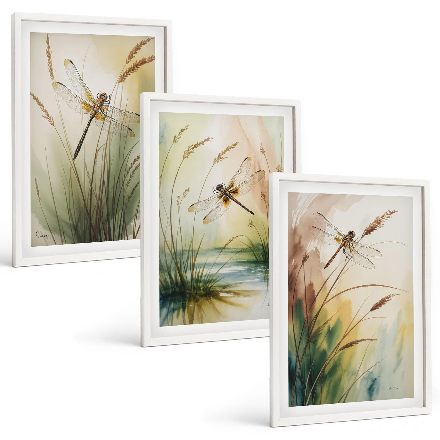 BILDER SET 3er Set - 40x60 cm Weißer Rahmen - Libellen im Gras, Wassermalerei - Weiß, Kunststoff (40/60cm) - TULUP