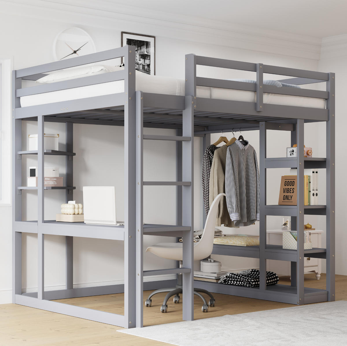 HOCHBETT 140/200 cm Grau aus Massivholz mit Schreibtisch und Regal - Grau, Holz (140/200cm) - OKMYHOME