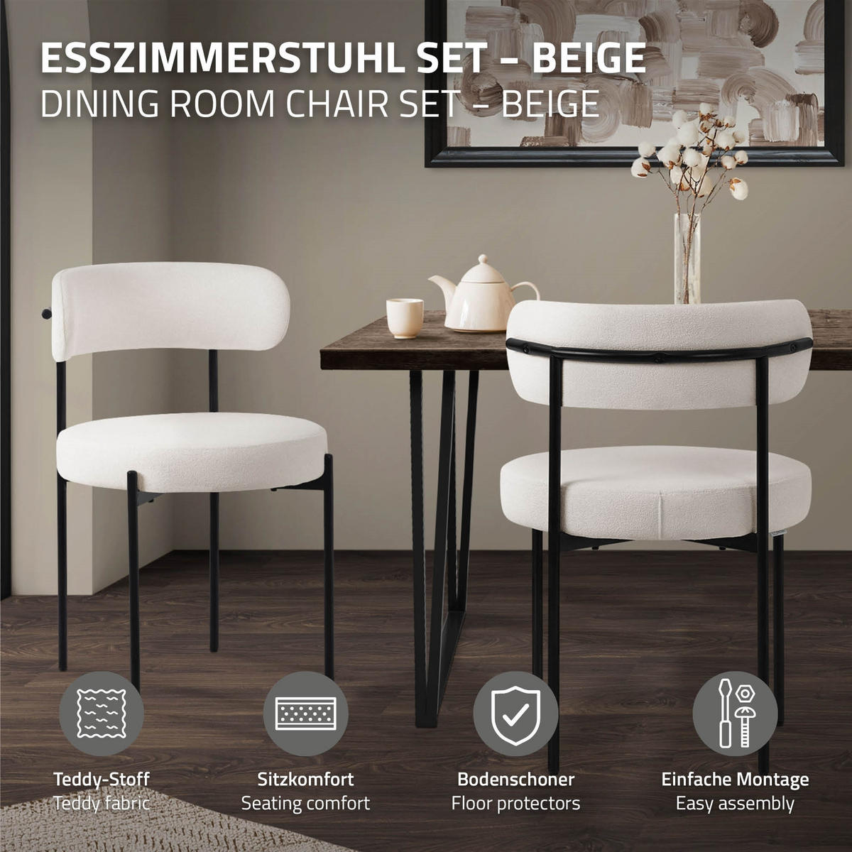 ESSZIMMERSTÜHLE 4ER-SET Weiß Teddystoff - Schwarz/Weiß, Metall (53/78/50cm) - ML-DESIGN