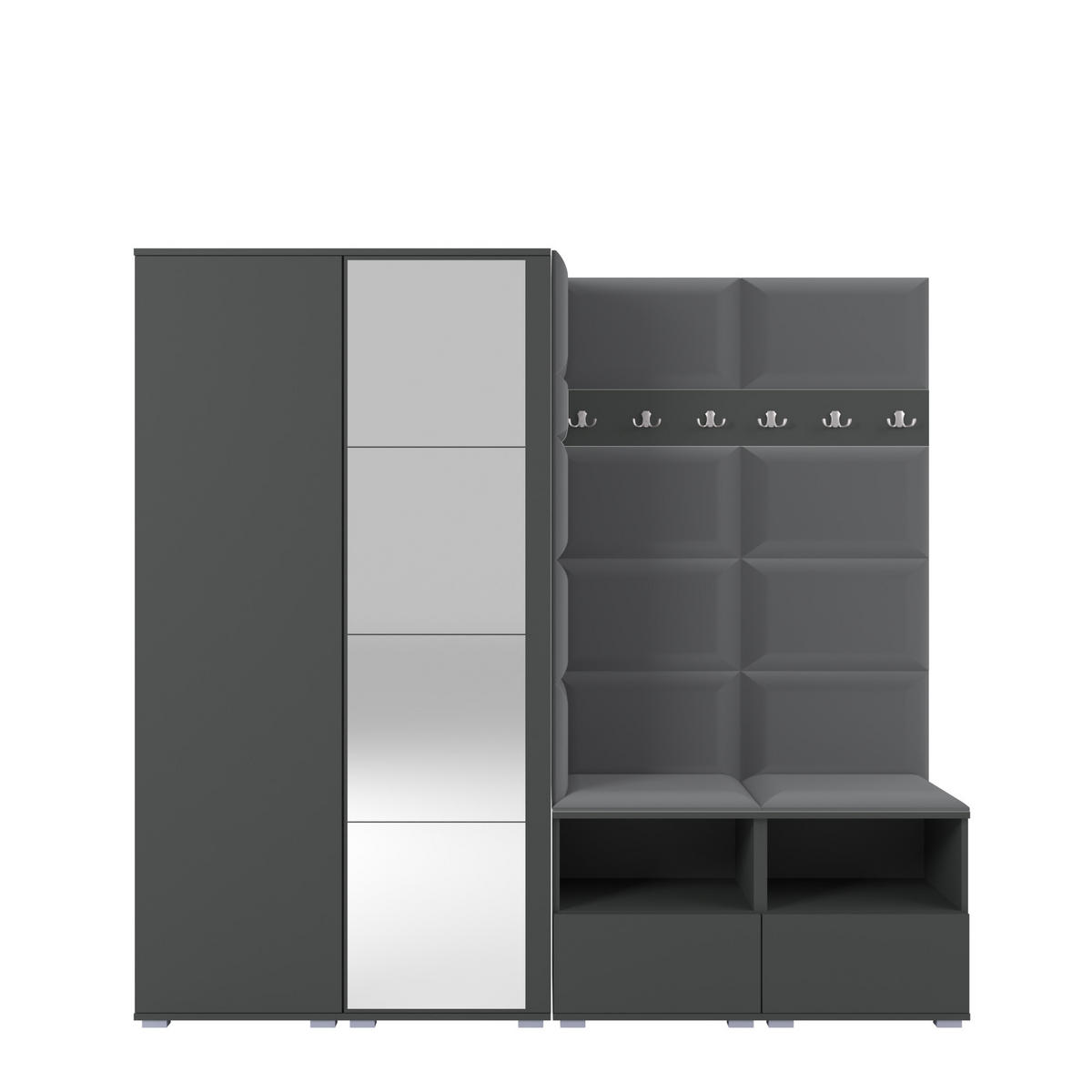 GARDEROBE NELA VI 200 cm (Modulare Flurmöbel Graphit mit Spiegel & Sitzpolster Dunkelgrau 15 Universell) - Dunkelgrau/Silberfarben, Holz/Holzwerkstoff (200/187/40cm) - Ravio