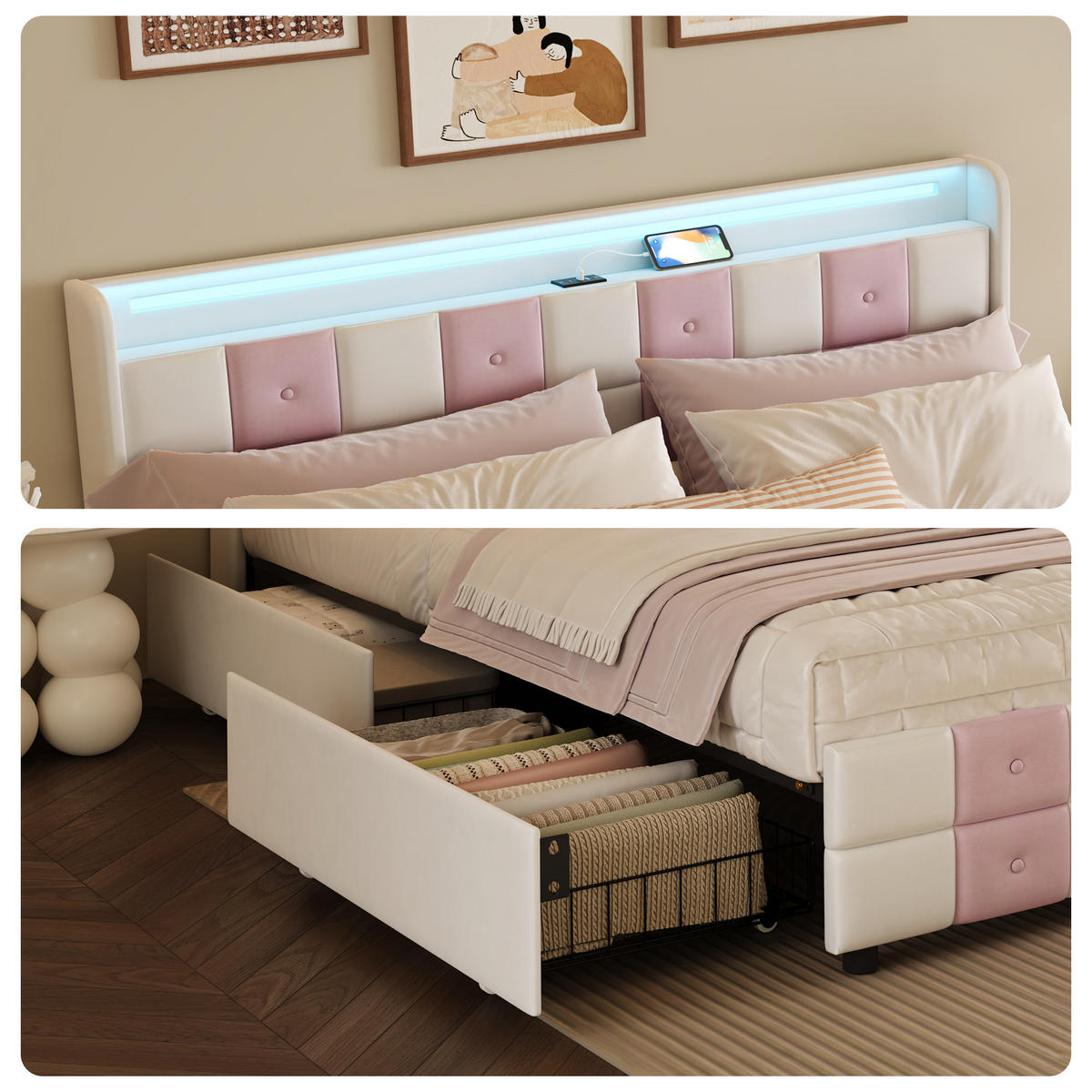 POLSTERBETT 140x200 cm LED USB Stauraum Lattenrost weiß - Weiß, Holz (140/200cm) - LEBENLANG