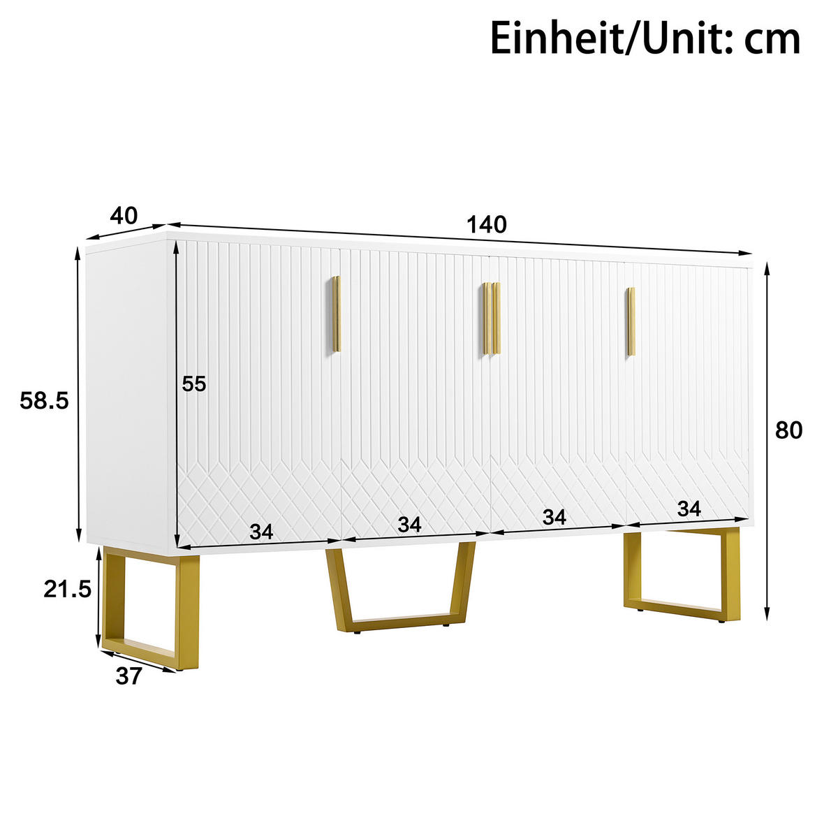 SIDEBOARD 4-türig 140 x 40 x 80 cm MDF Weiß Hochglanz - Weiß, Holzwerkstoff (40/80/140cm) - Meubliv