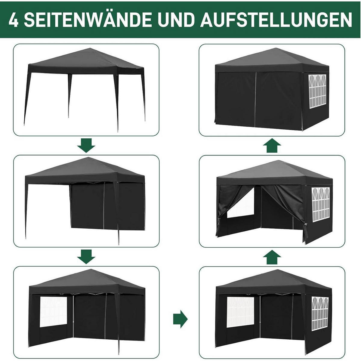 FALTPAVILLON 3 x 3 m mit 4 Seitenteilen Schwarz - Schwarz, Textil (300/255/300cm)