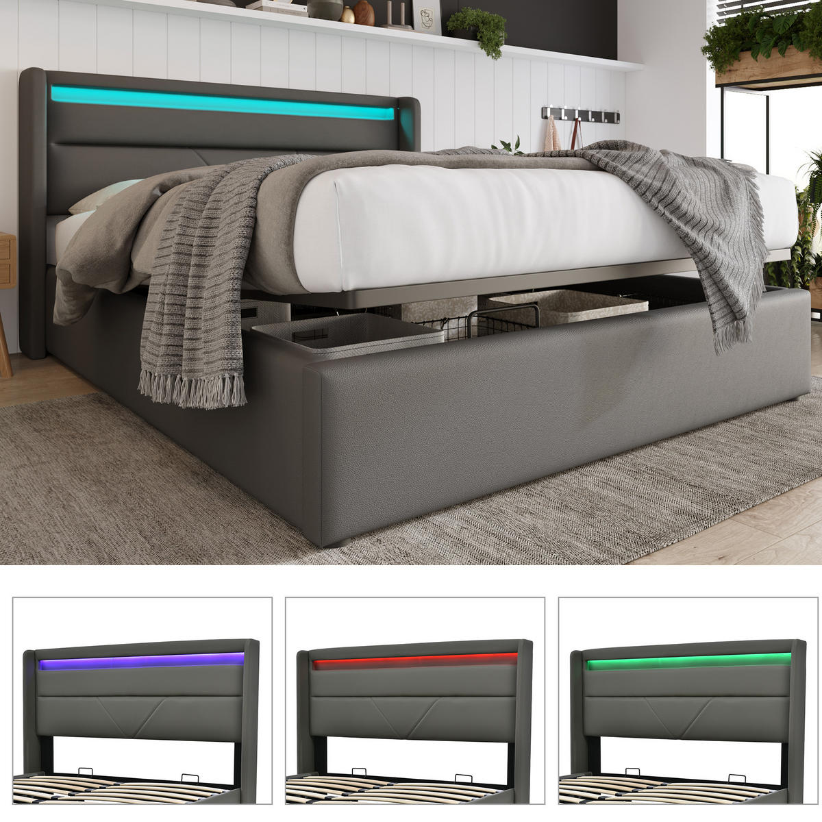 OBLAZINJENA postelja 140/200 cm z LED osvetlitvijo, hidravličnim predalom in vzmetnico, Siva - siva, umetna masa (140/140cm) - Redom