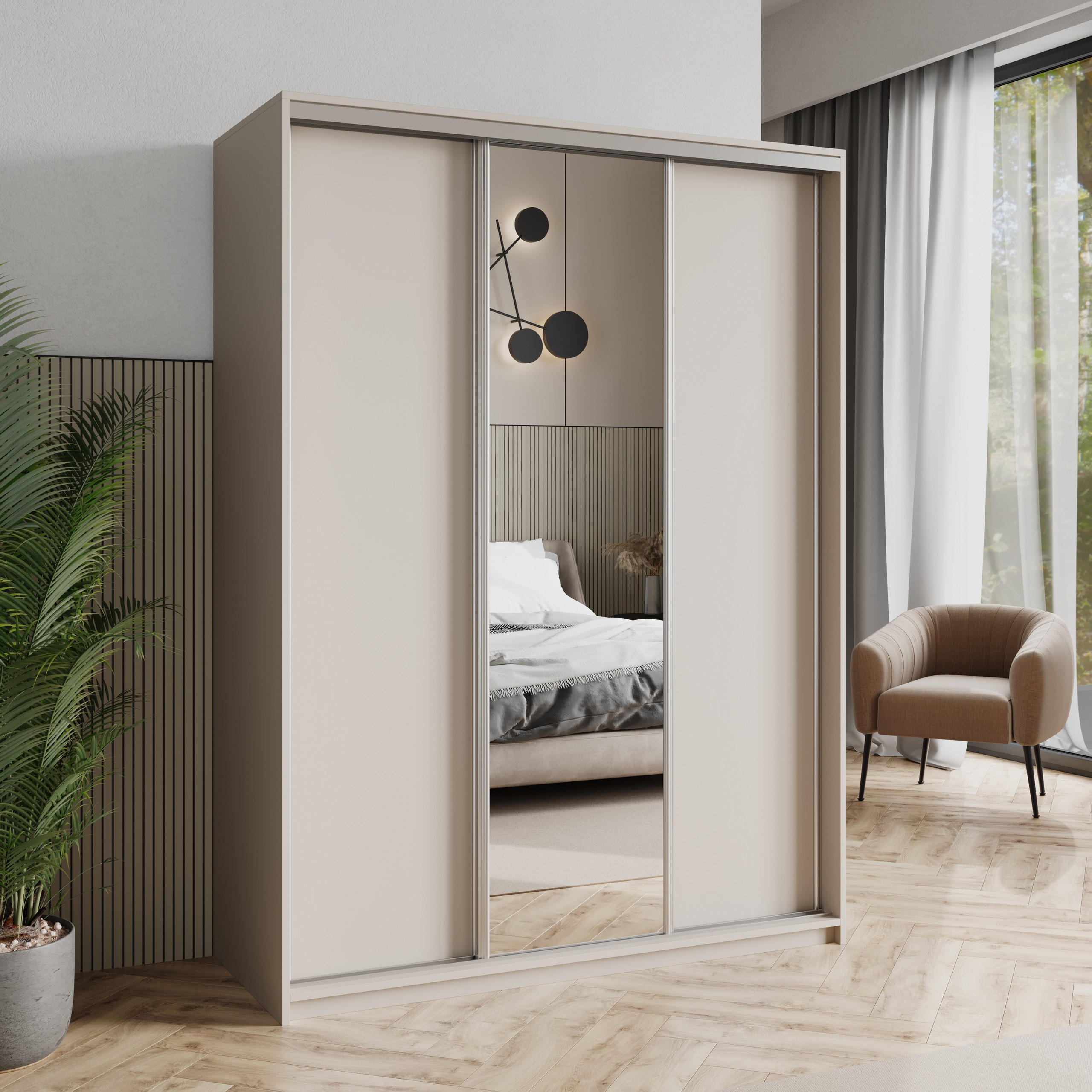 SCHWEBETÜRENSCHRANK TAVI 150/205/60 cm 3-türig mit Spiegel Kaschmir - Kaschmir, Holzwerkstoff (150/205/60cm) - MASSENO