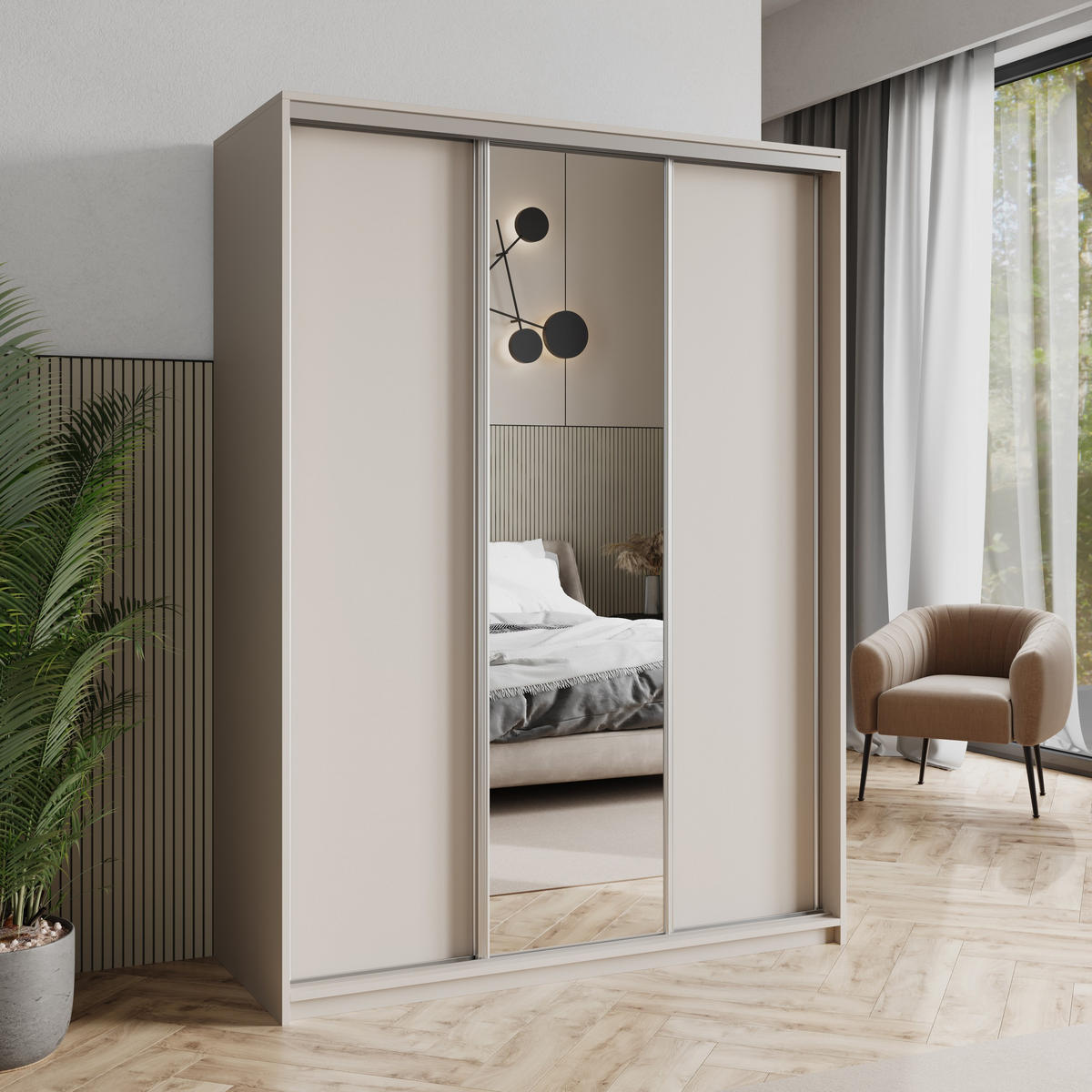 SCHWEBETÜRENSCHRANK TAVI 150/205/60 cm 3-türig mit Spiegel Kaschmir - Kaschmir, Holzwerkstoff (150/205/60cm) - MASSENO