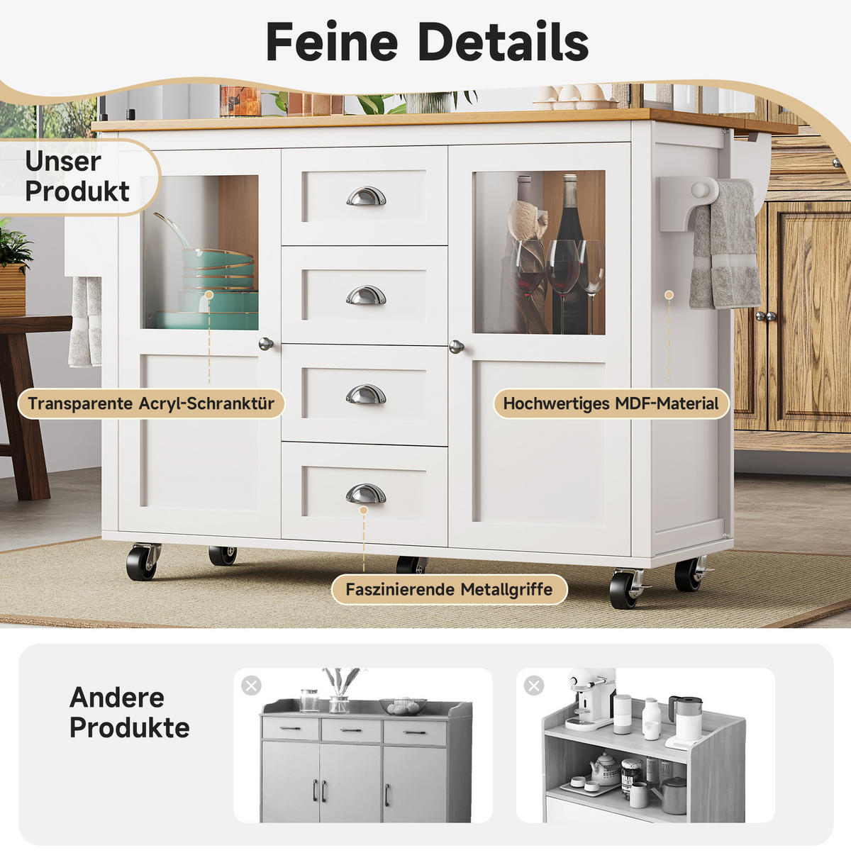 KÜCHENINSEL 137,9/73/92,5 cm Weiß aus MDF und Metall mit Klapptisch - Weiß, Holzwerkstoff (73/92.5/137.9cm) - OKMYHOME