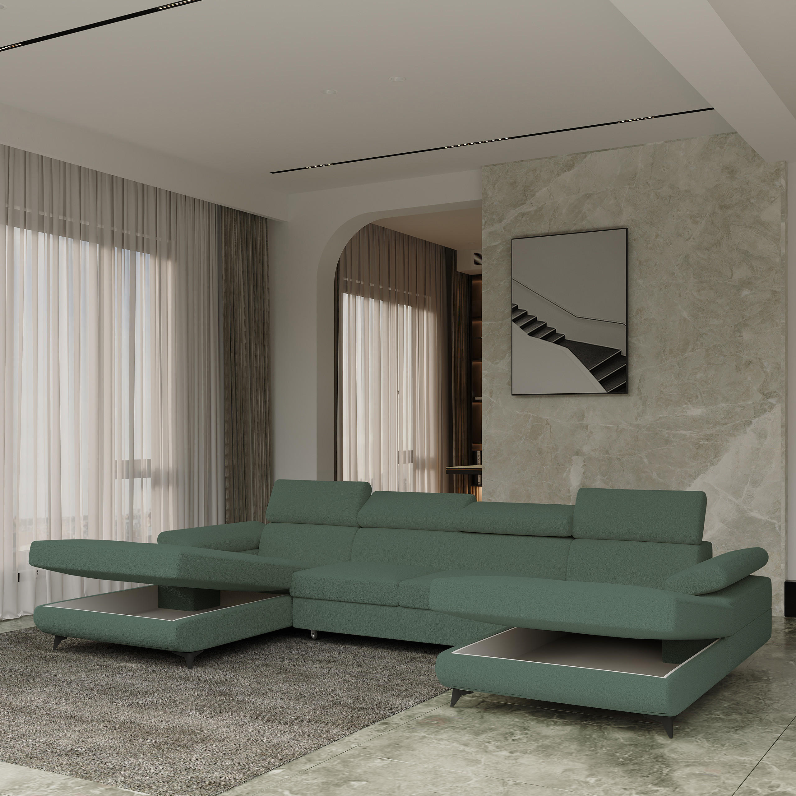 WOHNLANDSCHAFT DETTI Grün Boucle-Stoff mit Schlaffunktion - Grün, Holz (339/89/190cm) - MASSENO