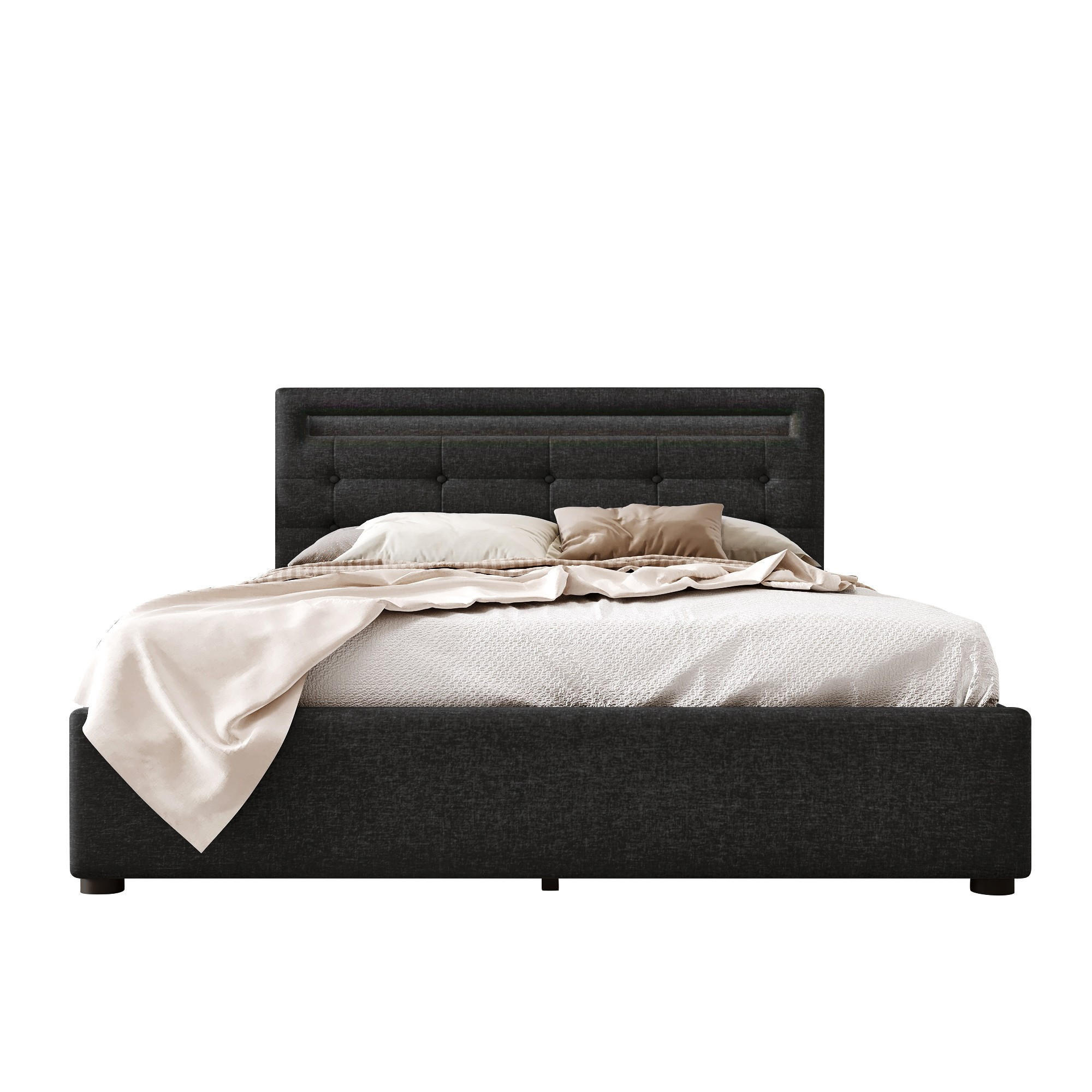 POLSTERBETT 140/200 cm Schwarz mit LED-Beleuchtung und 4 Schubladen - Schwarz, Textil (140/200cm) - OKWISH