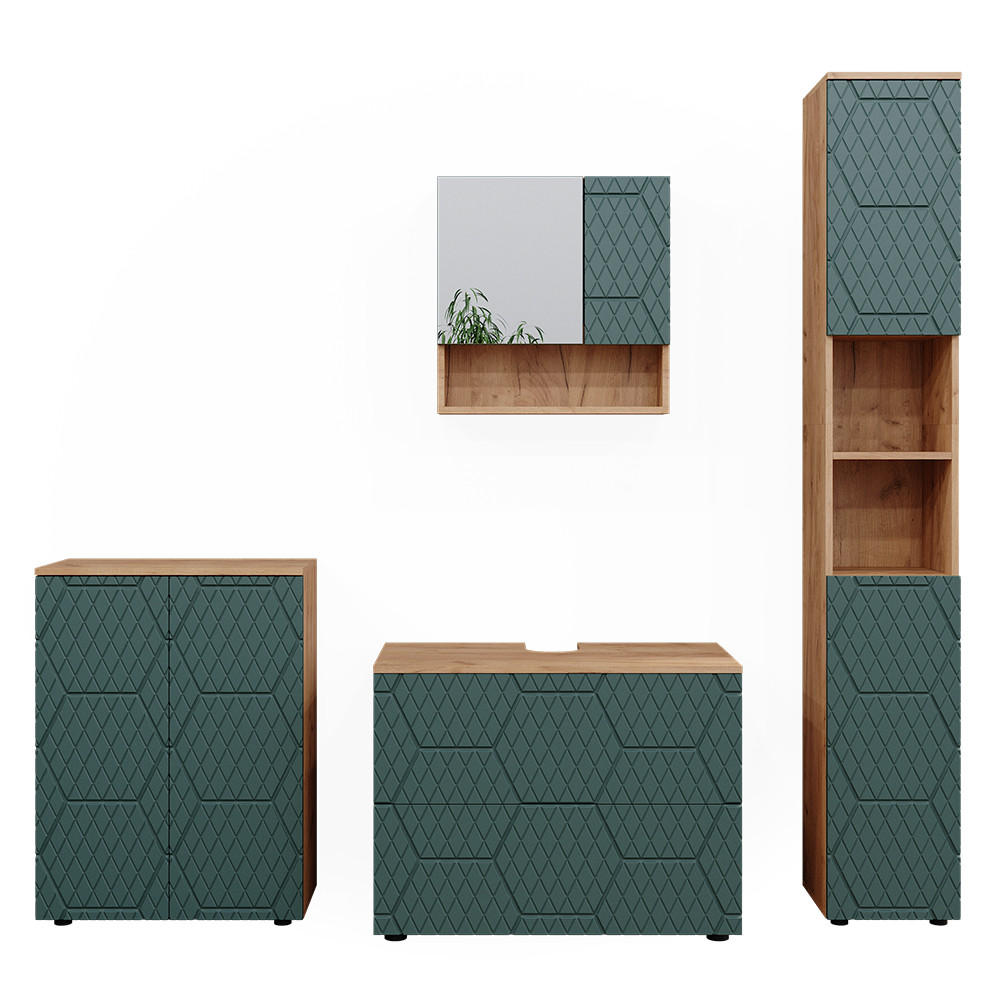 BADMÖBEL-SET Irma Grün 4 Teile, mit Schubladenschrank und Midischrank - Eiche Wotan/Grün, Holzwerkstoff (80/58/41cm) - Vicco