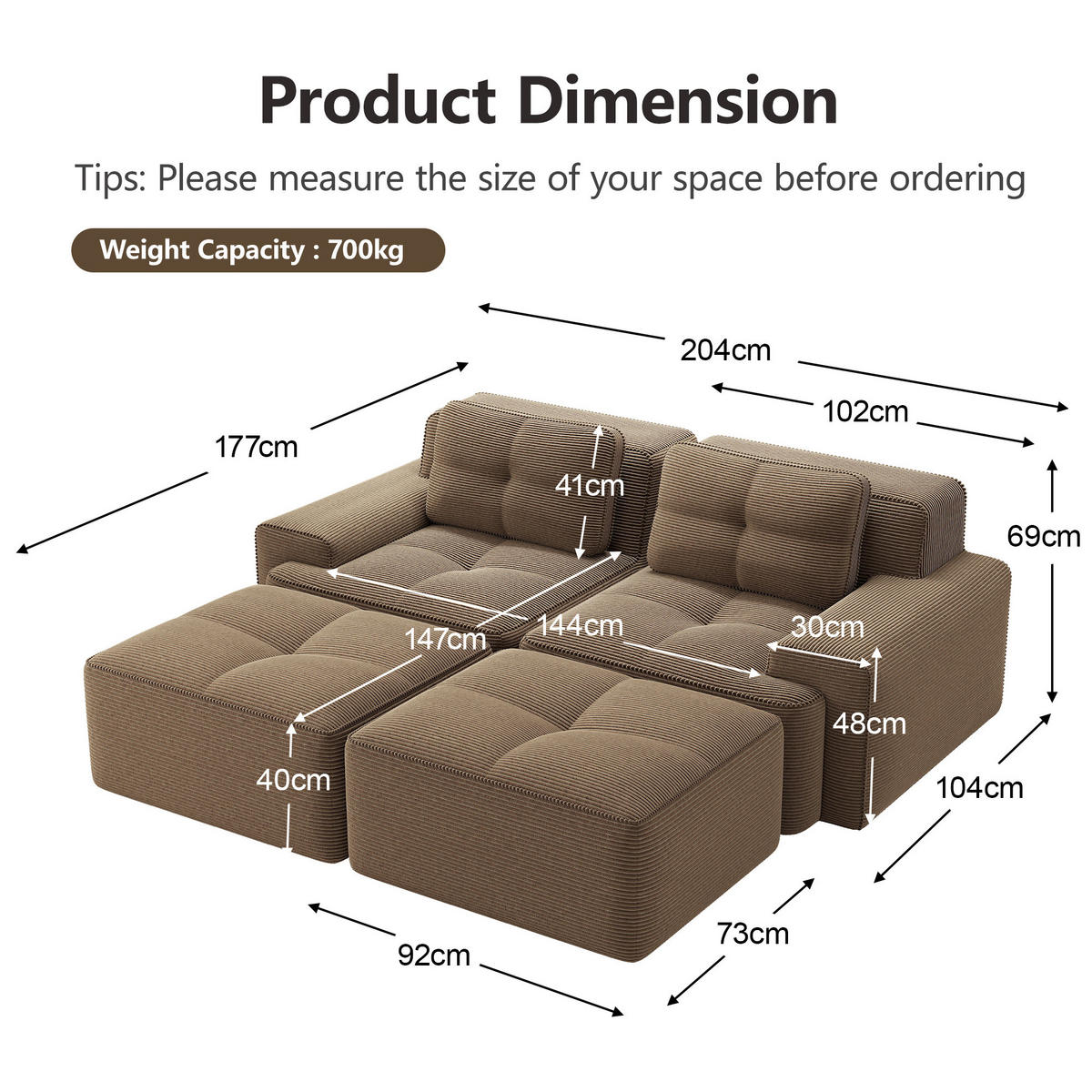 SOFA modular mit Tiefsitz 74 cm Cord Brown 3-tlg. - Braun, Kunststoff (177/69/204cm) - Meubliv