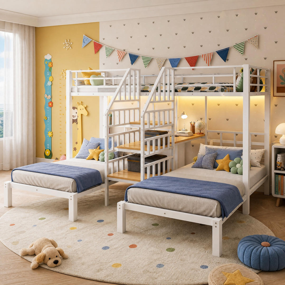 ETAGENBETT 90/200 mit LED, Schreibtisch und Stauraumleiter in Weiß - Weiß, Holzwerkstoff/Metall (90/200cm) - EVRYAE