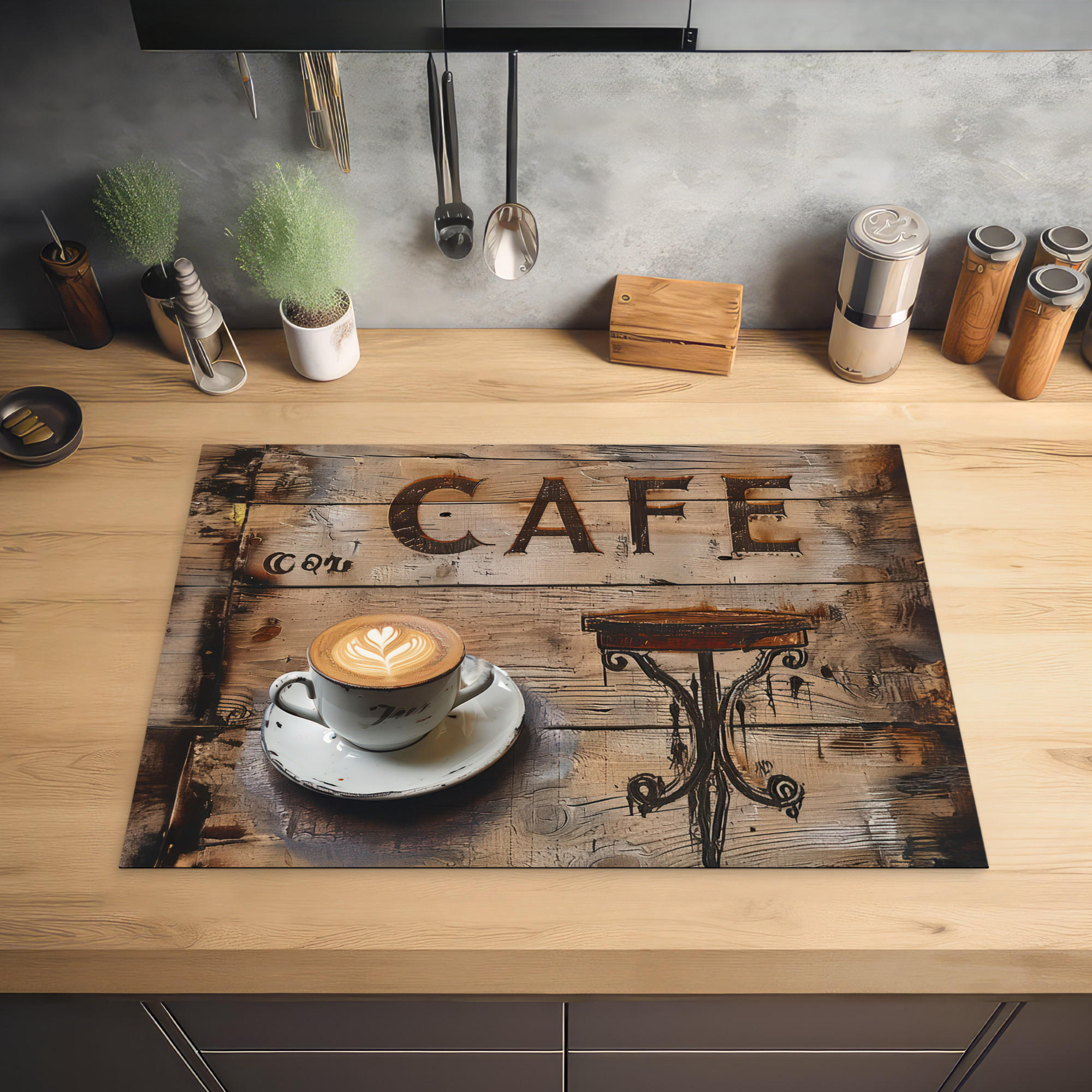 HERDABDECKPLATTE Cafe - Holz - Kaffee - Regale 75x52 cm - Schwarz, Kunststoff (75/0.2/52cm) - MuchoWow