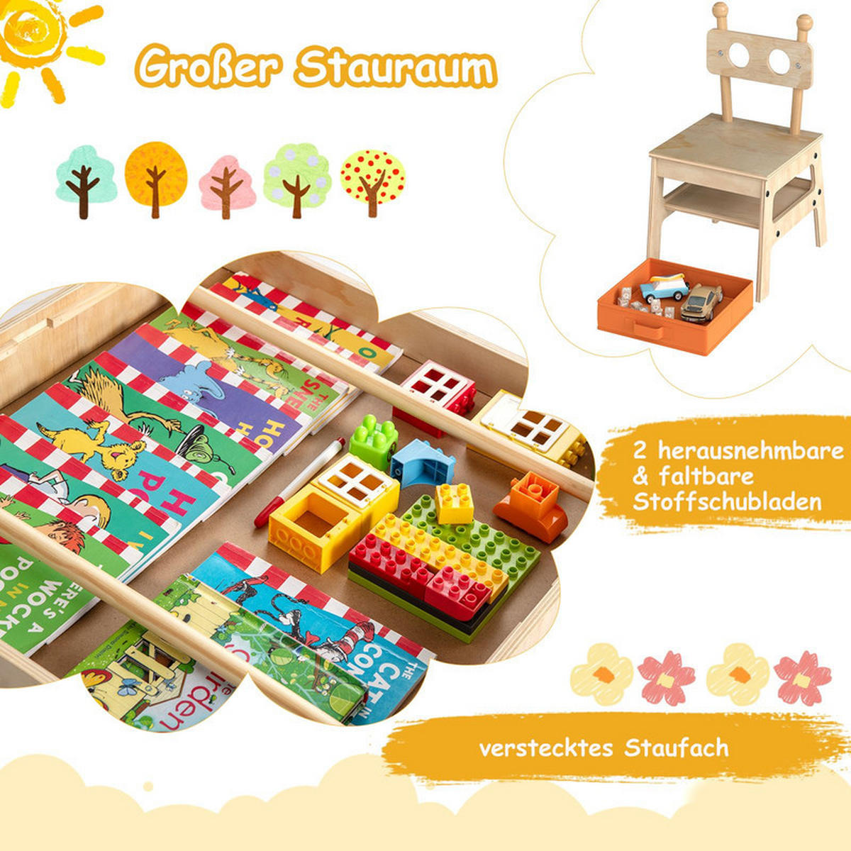 KINDERTISCH mit Stühlen natur(3-tlg) - Naturfarben, Holzwerkstoff (60/49/60cm) - COSTWAY