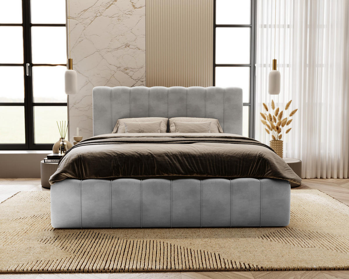 DOPPELBETT mit Bettkasten 200x200 Porto, Lattenrost, Hellgrau - Hellgrau, Holz/Textil (200/200cm) - Emporius