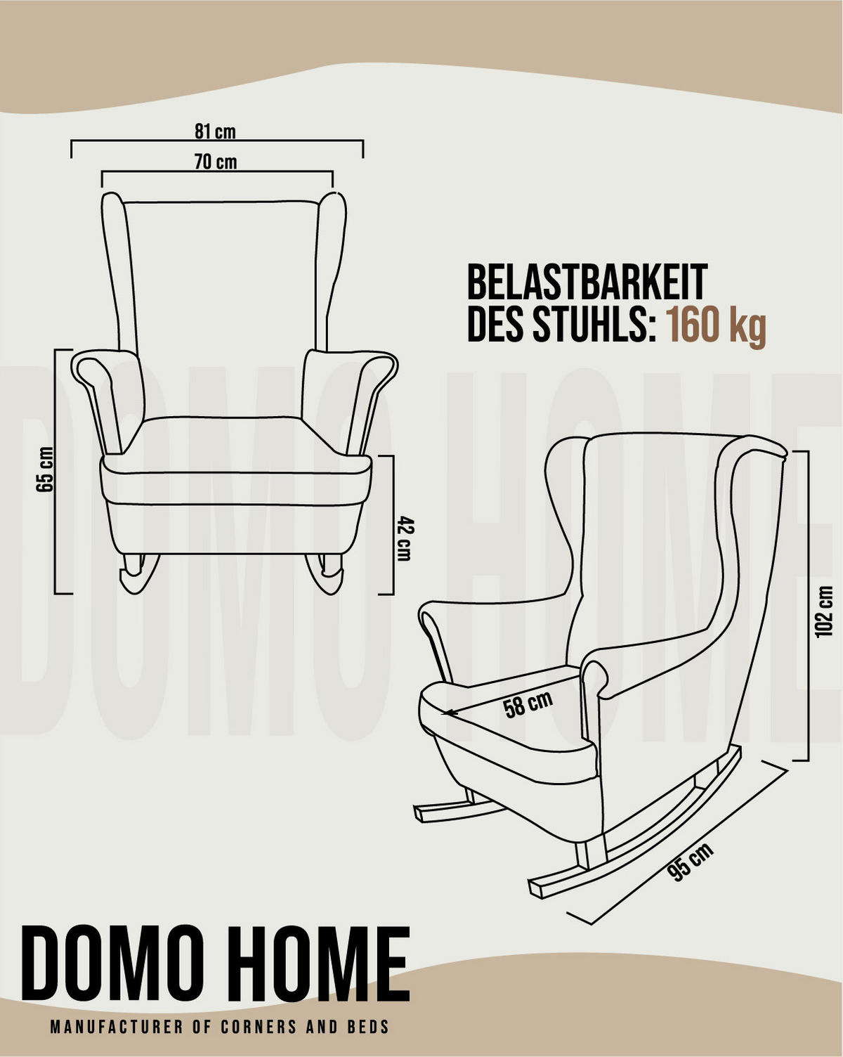 SCHAUKELSESSEL mit gepolstertem Sitz und Armlehnen, 102x81x95 cm, Beige_29802 - Beige/Buchefarben, Holz/Textil (81/102/95cm) - DomoHome