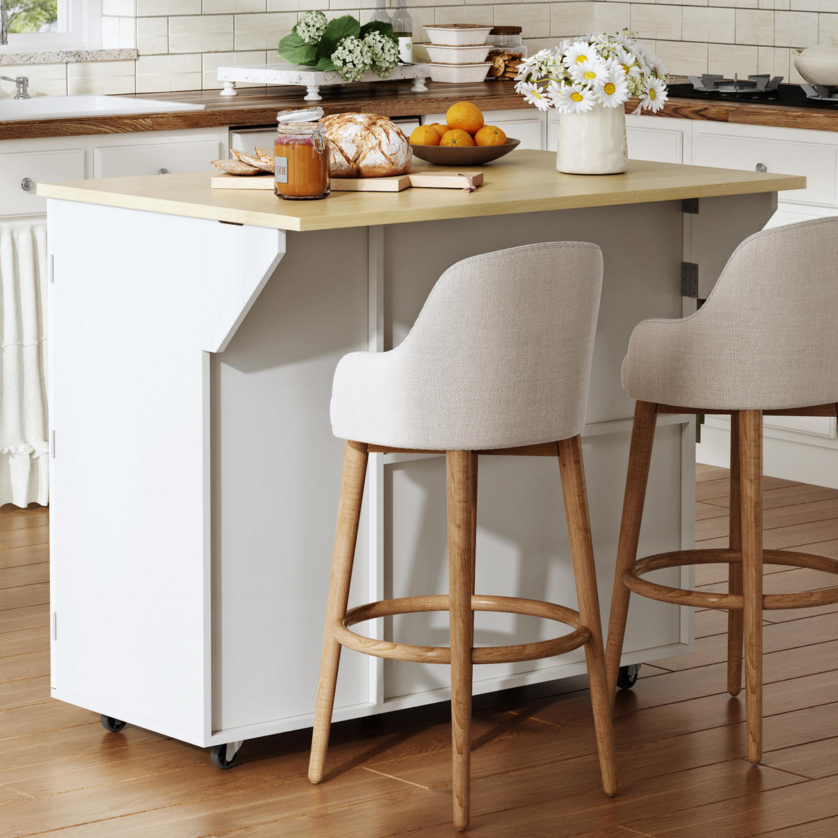 KÜCHENINSEL 89 cm MDF Natur Weiß mit Klappbarer Arbeitsplatte und Weinregal - Weiß, Holzwerkstoff (69/89/104cm) - Korfee