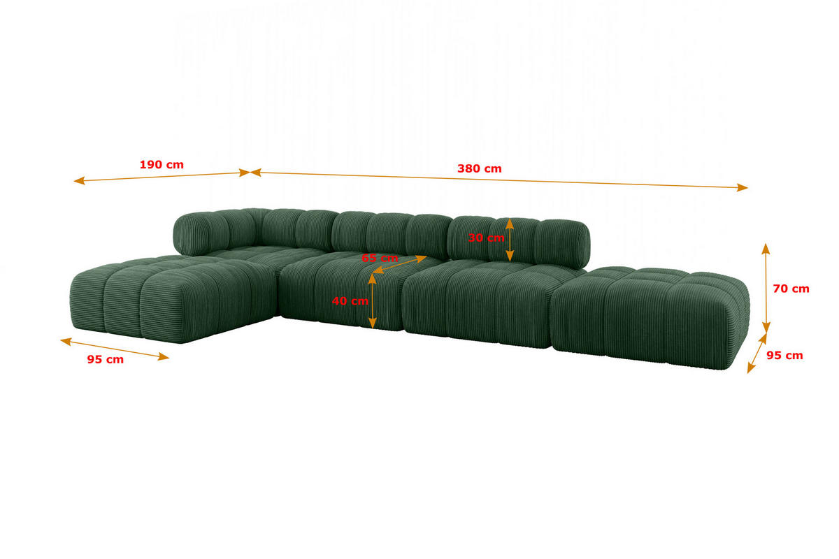 ECKSOFA modulares Sofa Kerru-L2 - 380x190x70 cm Grün Cord - Grün, Holzwerkstoff/Textil (380/190cm) - ALTDECOR