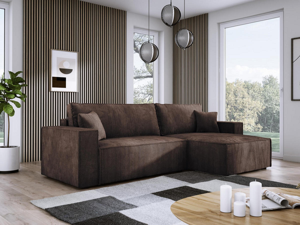 ECKSOFA POSO XL UNIVERSAL, Schlaffunktion und Lattenrost - L-Form, Cord, Federung auf Wellfedern, 274x143x83 cm, Rechts Brown - Braun, Holz/Textil (277/143cm) - DomoHome