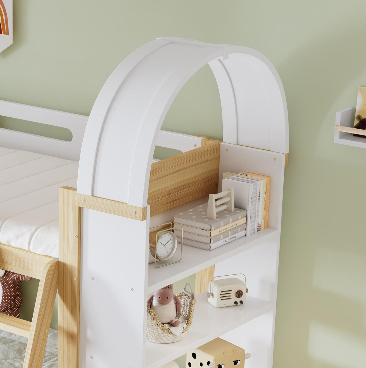 ETAGENBETT 90/200 cm mit 3-stufigem Regal, Trittleiter und Bettgitter aus Kiefernholz & MDF, Weiß/Natur - Weiß, Holzwerkstoff (90/200cm) - Redom