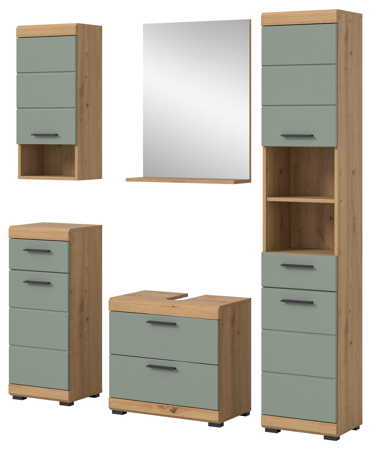 BADMÖBEL-SET Salbei grün, Eiche Artisan 5-teilig 164 cm, Komplettset mit viel Stauraum - Salbeigrün/Schwarz, Glas/Holzwerkstoff (164/191/37cm) - Inn.Furn