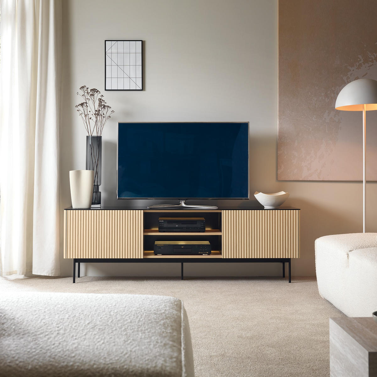 LOWBOARD VELLUTO 180/57/39 cm, Eichefarben - Eichefarben/Naturfarben, Holzwerkstoff (180/57/39cm) - MASSENO