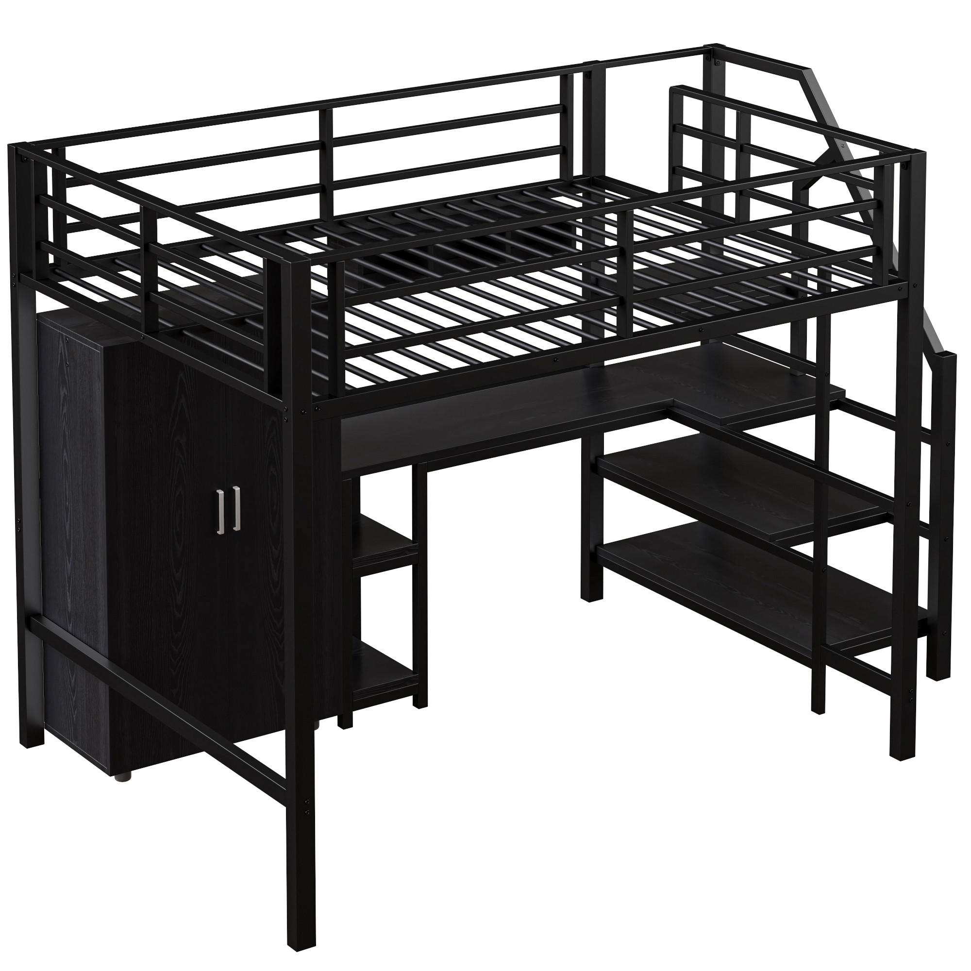 HOCHBETT 140/200 cm DE-04653, mit Kleiderschrank, Schreibtisch und Ablageleiter in Schwarz - Schwarz, Metall (140/200cm) - ComfortXL