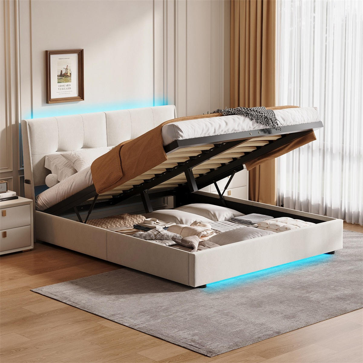POLSTERBETT 140x200 cm - Hydraulisches Stauraumbett mit LED-Beleuchtung und praktischen Seitentaschen - ohne Matratze - Beige - Beige, Textil (140/200cm) - DELFA