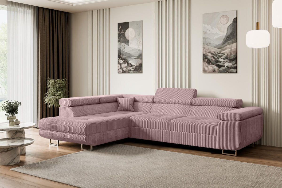 ECKSOFA mit Schlaffunktion und Bettkasten GUSA-L 272x202x107 cm Rosa Cord - Silberfarben/Rosa, Holzwerkstoff/Textil (202/272cm) - ALTDECOR