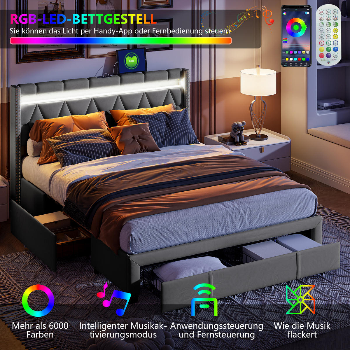 POLSTERBETT 140x200 cm, Grau, LED-Beleuchtung und 4 Schubladen - Grau, Textil/Metall (140/200cm)
