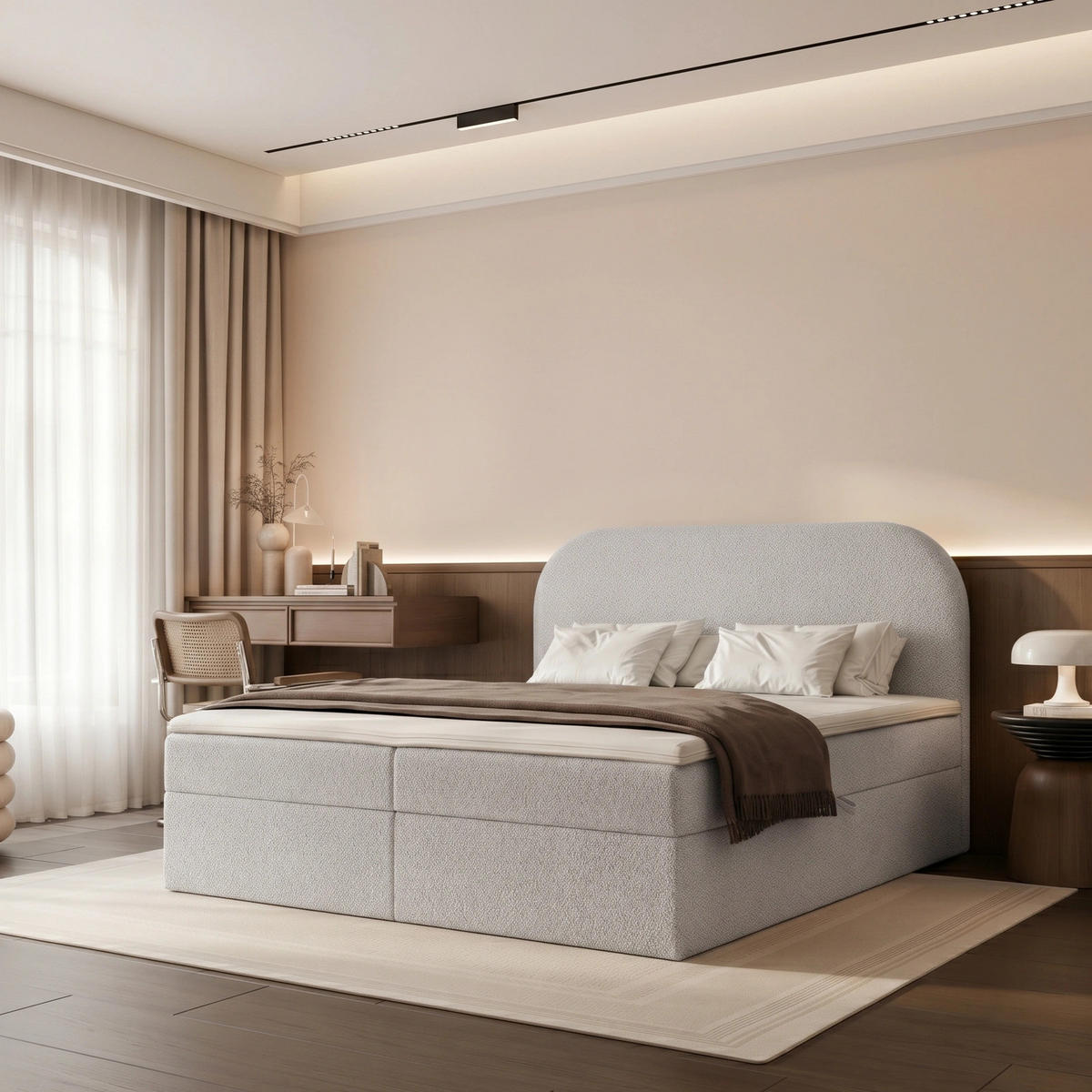 BOXBETT FUZZI 180x200 cm Grau (Bouclé-Stoff) - mit 2 Bettkästen, Bonellmatratze und weichem Kopfteil - Grau, Holzwerkstoff/Textil (180/200cm) - Ravio